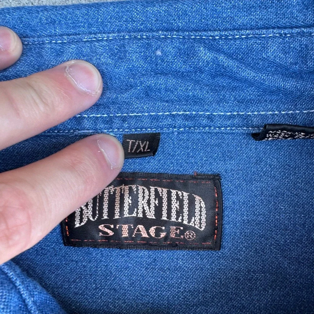 Butterfield Stage Men XL Blue Denim Button Down Shirt Long Sleeve Workwear